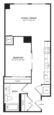 Floor plan for 1 bed, 1 bath, 744 sqft