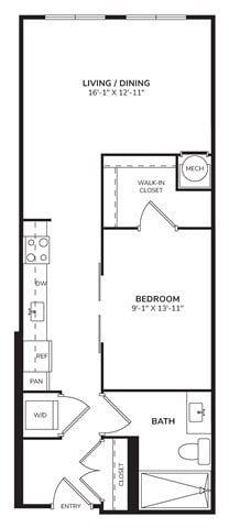 Floor plan for 1 bed, 1 bath, 754 sqft
