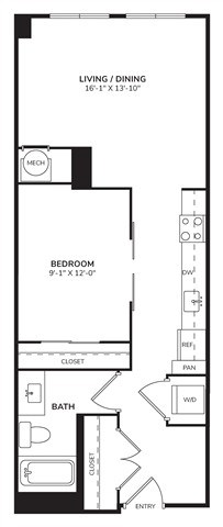 Floor plan for 1 bed, 1 bath, 755 sqft