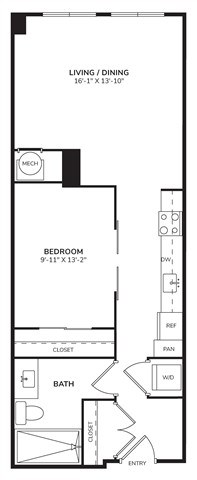 Floor plan for 1 bed, 1 bath, 755 sqft
