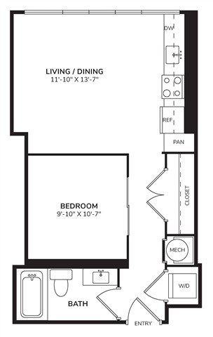 Floor plan for 1 bed, 1 bath, 618 sqft