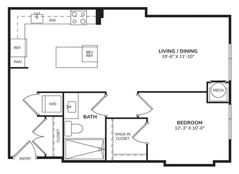 Floor plan for 1 bed, 1 bath, 796 sqft