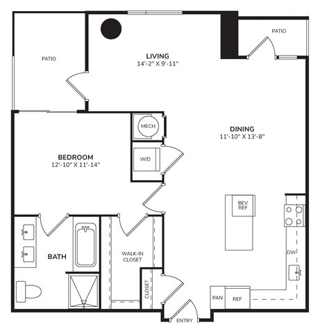 Floor plan for 1 bed, 1 bath, 1002 sqft