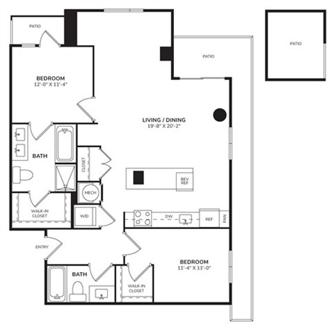 Floor plan for 2 beds, 2 baths, 1352 sqft