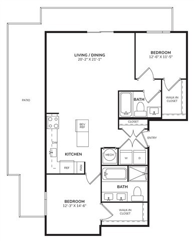 Floor plan for 2 beds, 2 baths, 1487 sqft