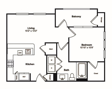 Floor plan for 1 bed, 1 bath, 625 sqft