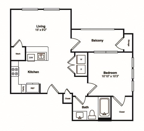 Floor plan for 1 bed, 1 bath, 633 sqft