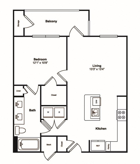 Floor plan for 1 bed, 1 bath, 700 sqft
