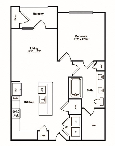 Floor plan for 1 bed, 1 bath, 751 sqft