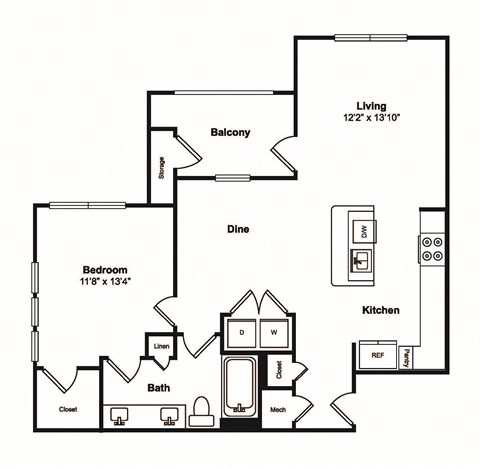 Floor plan for 1 bed, 1 bath, 848 sqft