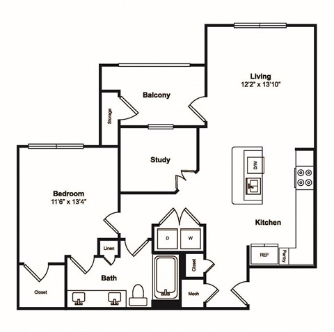 Floor plan for 1 bed, 1 bath, 848 sqft