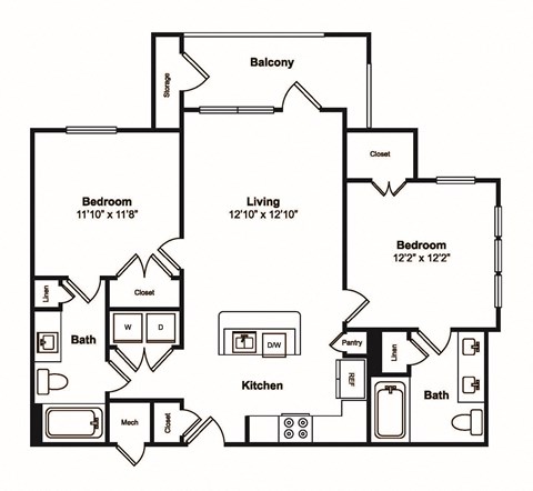 Floor plan for 2 beds, 2 baths, 979 sqft
