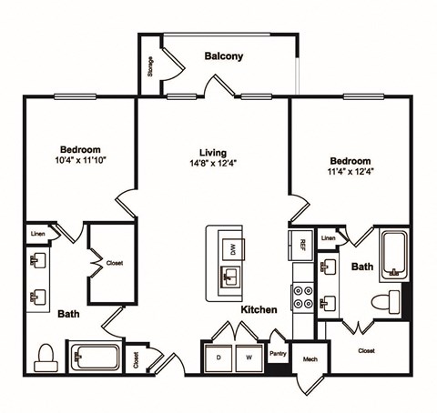 Floor plan for 2 beds, 2 baths, 1048 sqft