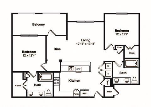Floor plan for 2 beds, 2 baths, 1163 sqft