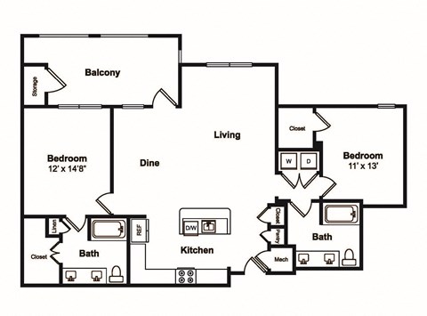 Floor plan for 2 beds, 2 baths, 1287 sqft