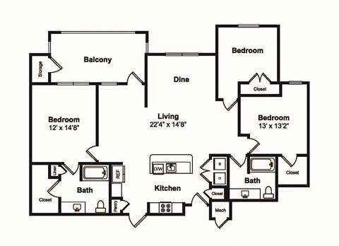 Floor plan for 3 beds, 2 baths, 1460 sqft