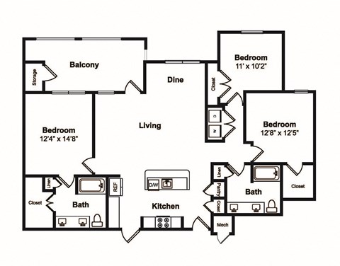 Floor plan for 3 beds, 2 baths, 1468 sqft