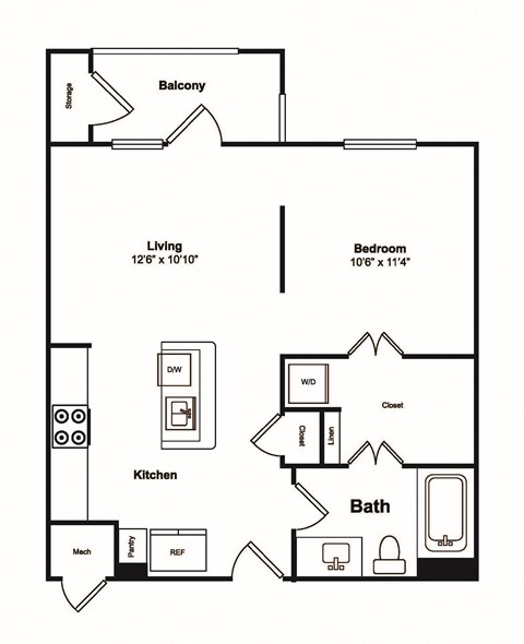Floor plan for studio, 1 bath, 588 sqft