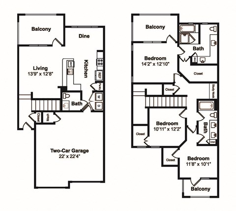 Floor plan for 3 beds, 3 baths, 1730 sqft