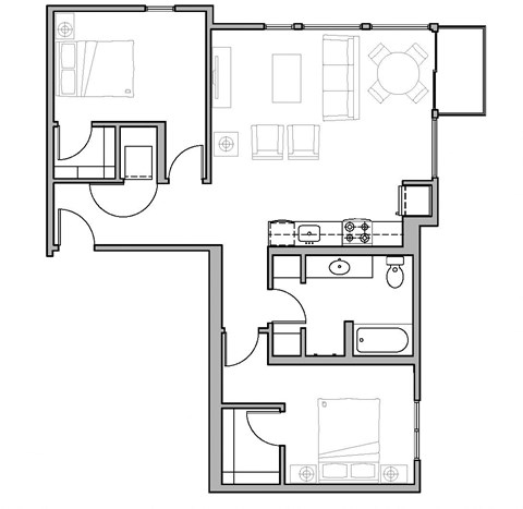 Floor plan for 2 beds, 2 baths, 1258 sqft
