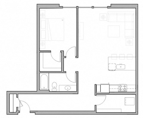 Floor plan for 1 bed, 1 bath, 952 sqft