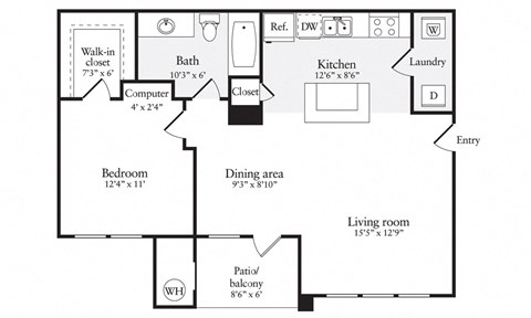 Floor plan for 1 bed, 1 bath, 721 sqft