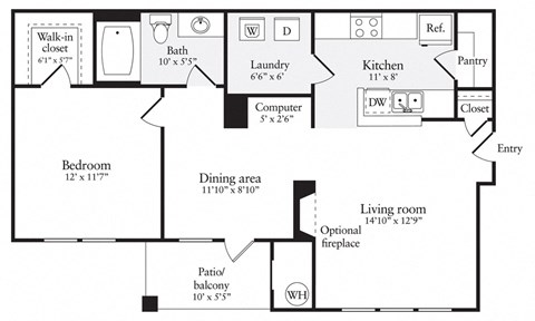 Floor plan for 1 bed, 1 bath, 776 sqft