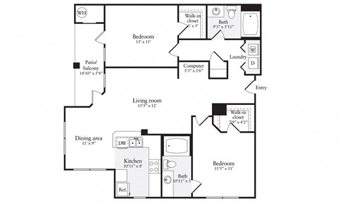 Floor plan for 2 beds, 2 baths, 1021 sqft
