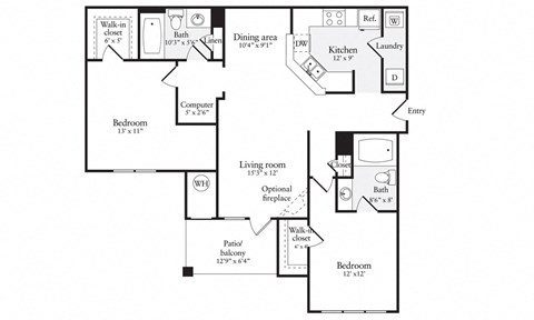 Floor plan for 2 beds, 2 baths, 1136 sqft