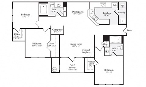 Floor plan for 3 beds, 2 baths, 1306 sqft