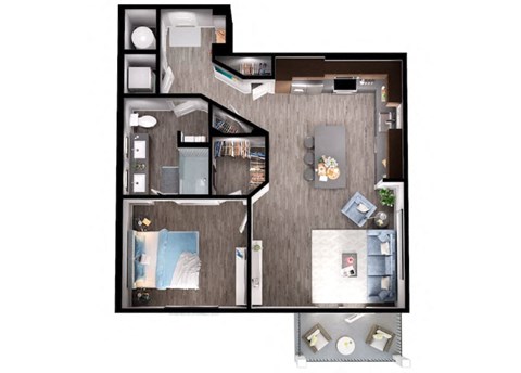 Floor plan for 1 bed, 1 bath, 879 sqft
