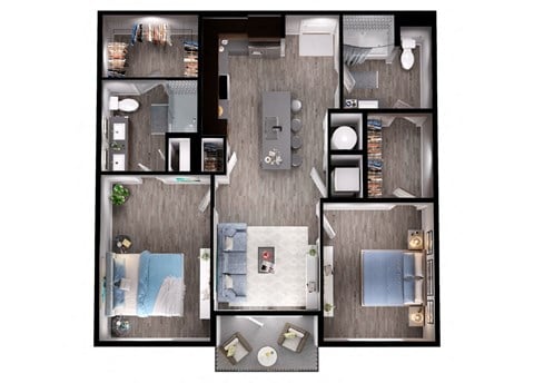 Floor plan for 2 beds, 2 baths, 1079 sqft