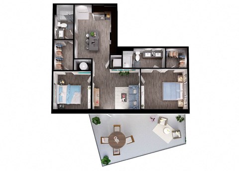 Floor plan for 2 beds, 2 baths, 1036 sqft
