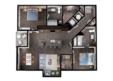 Floor plan for 2 beds, 2 baths, 1250 sqft