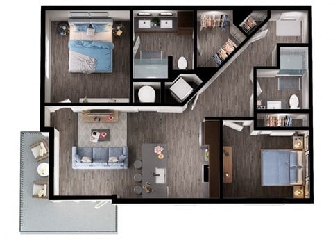 Floor plan for 2 beds, 2 baths, 1013 sqft