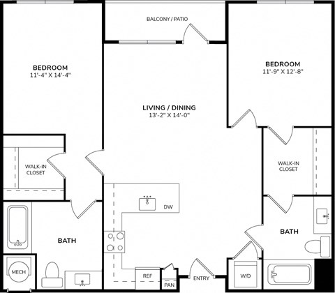 Floor plan for 2 beds, 2 baths, 1076 sqft