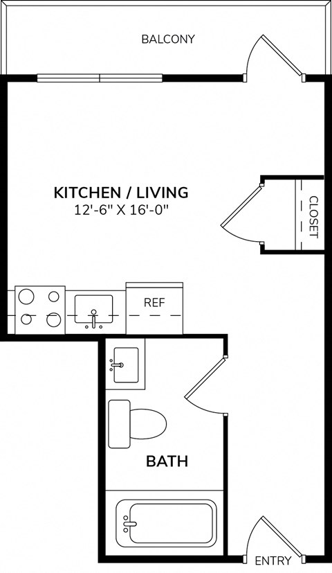Floor plan for studio, 1 bath, 286 sqft