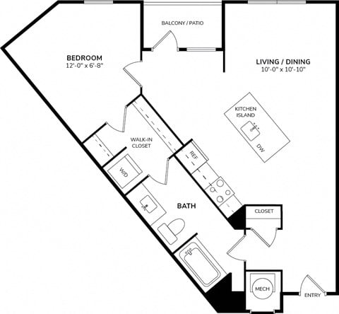 Floor plan for 1 bed, 1 bath, 739 sqft