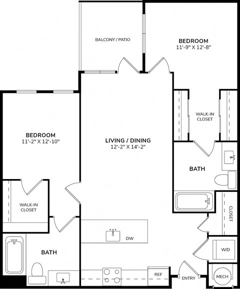 Floor plan for 2 beds, 2 baths, 1167 sqft