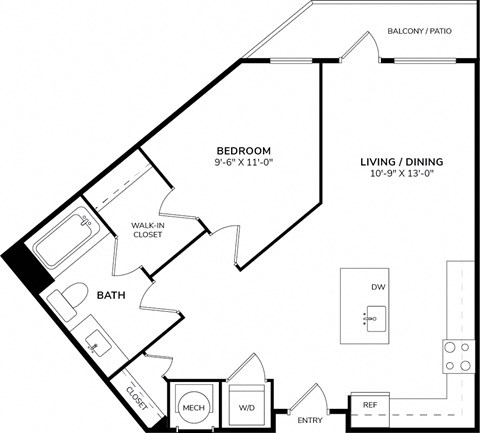 Floor plan for 1 bed, 1 bath, 730 sqft