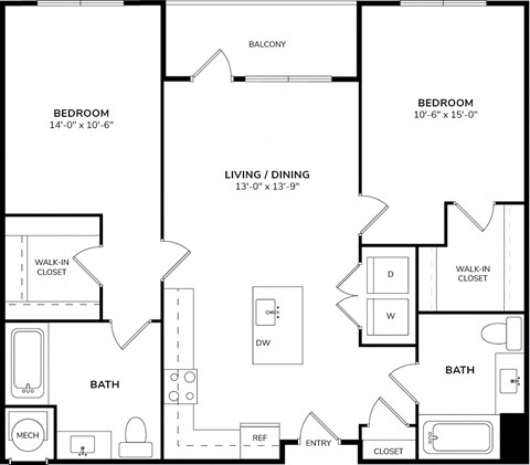 Floor plan for 2 beds, 2 baths, 1076 sqft