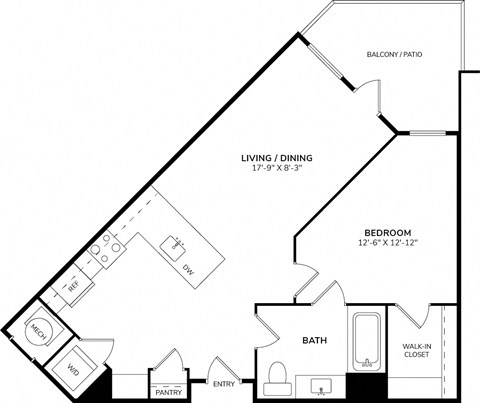 Floor plan for 1 bed, 1 bath, 682 sqft