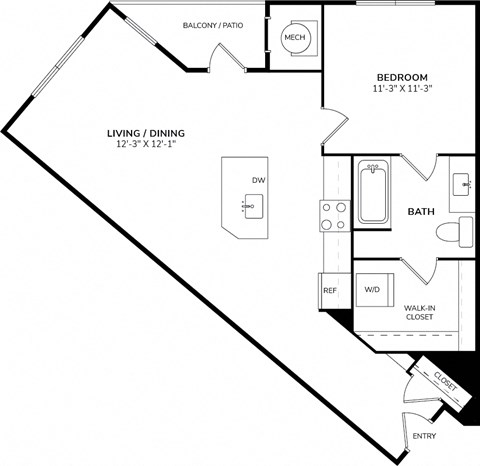 Floor plan for 1 bed, 1 bath, 741 sqft