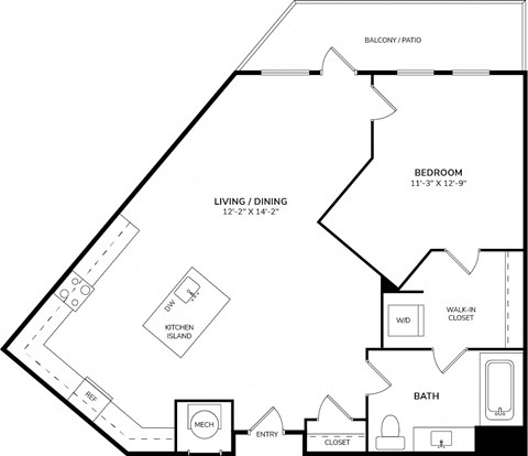 Floor plan for 1 bed, 1 bath, 783 sqft