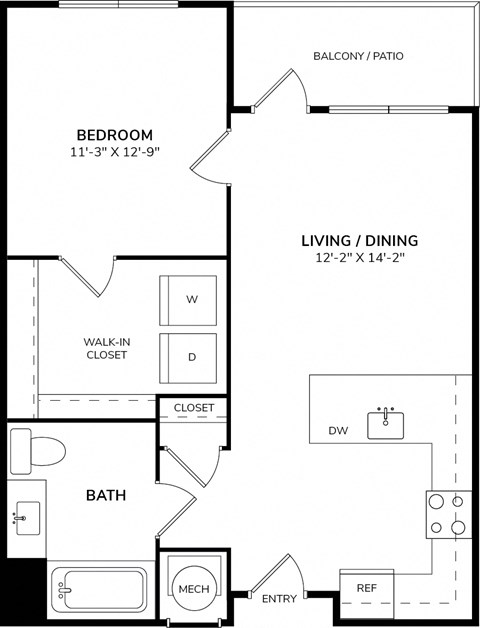 Floor plan for 1 bed, 1 bath, 672 sqft