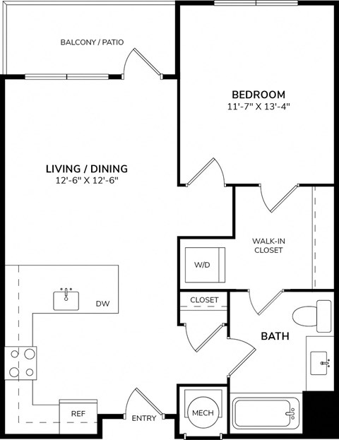 Floor plan for 1 bed, 1 bath, 697 sqft