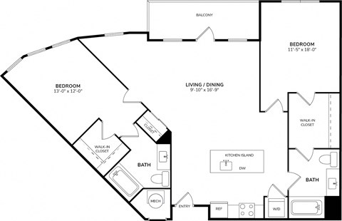 Floor plan for 2 beds, 2 baths, 1132 sqft