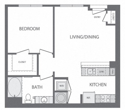 Floor plan for 1 bed, 1 bath, 721 sqft