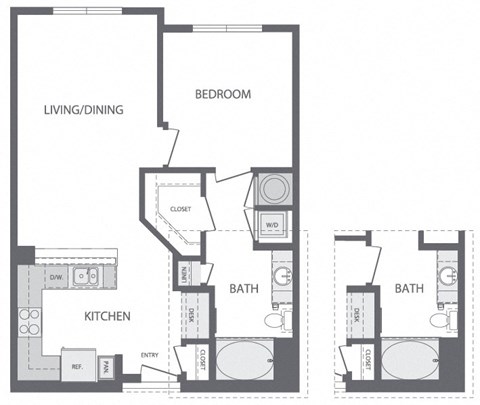 Floor plan for 1 bed, 1 bath, 785 sqft