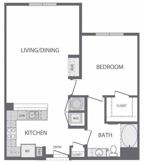 Floor plan for 1 bed, 1 bath, 878 sqft